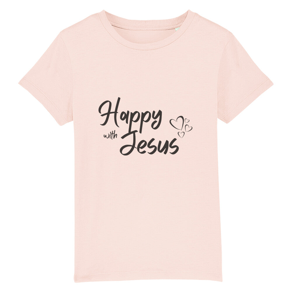 christliches T-Shirt für Kinder mit einem Unisex-Schnitt in pink aus 100 % Bio-Baumwolle mittig auf der Brust "happy with Jesus". Erhältlich in den Größen 98/104 bis 152/164