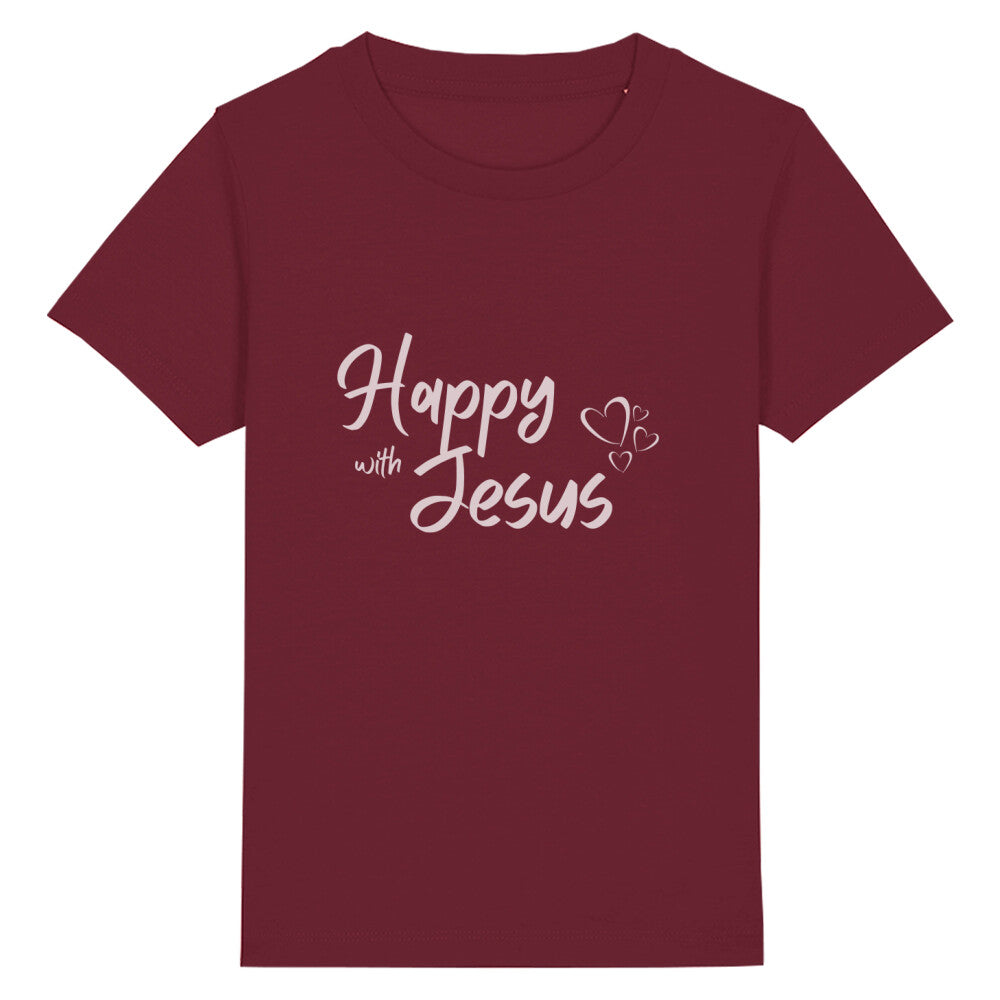 christliches T-Shirt für Kinder mit einem Unisex-Schnitt in dunkelrot aus 100 % Bio-Baumwolle mittig auf der Brust "happy with Jesus". Erhältlich in den Größen 98/104 bis 152/164