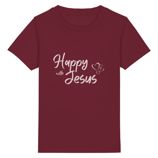 christliches T-Shirt für Kinder mit einem Unisex-Schnitt in dunkelrot aus 100 % Bio-Baumwolle mittig auf der Brust "happy with Jesus". Erhältlich in den Größen 98/104 bis 152/164