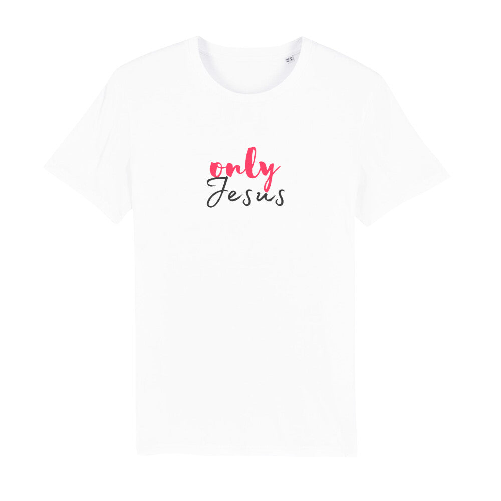 christliches T-Shirt mit einem Unisex-Schnitt in weiß aus 100 % Bio-Baumwolle "only Jesus" mit dem Schriftzug only Jesus mittig auf der Brust. Erhältlich in den Größen S bis XXL