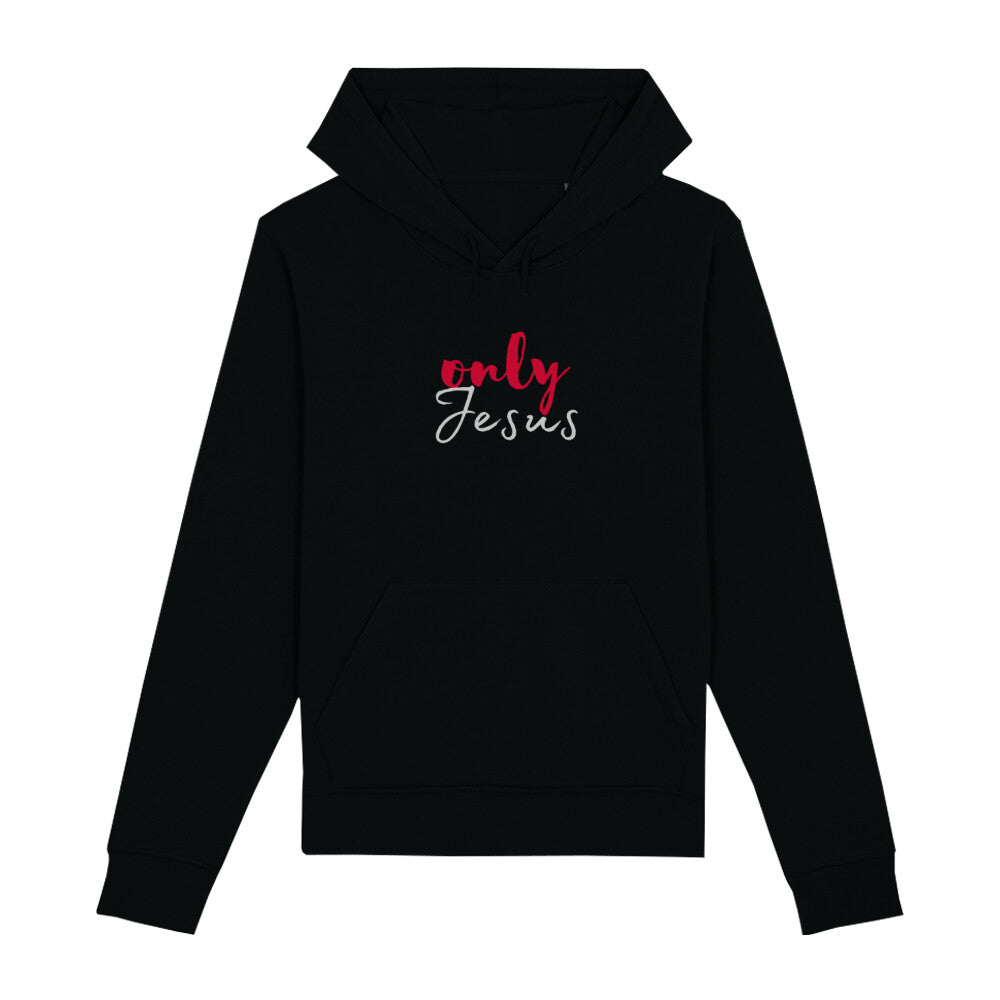 christlicher Hoodie mit einem Unisex-Schnitt in schwarz aus Bio-Baumwolle mit dem Schriftzug only Jesus mitten auf der Brust. Erhältlich in den Größen XS bis XXL