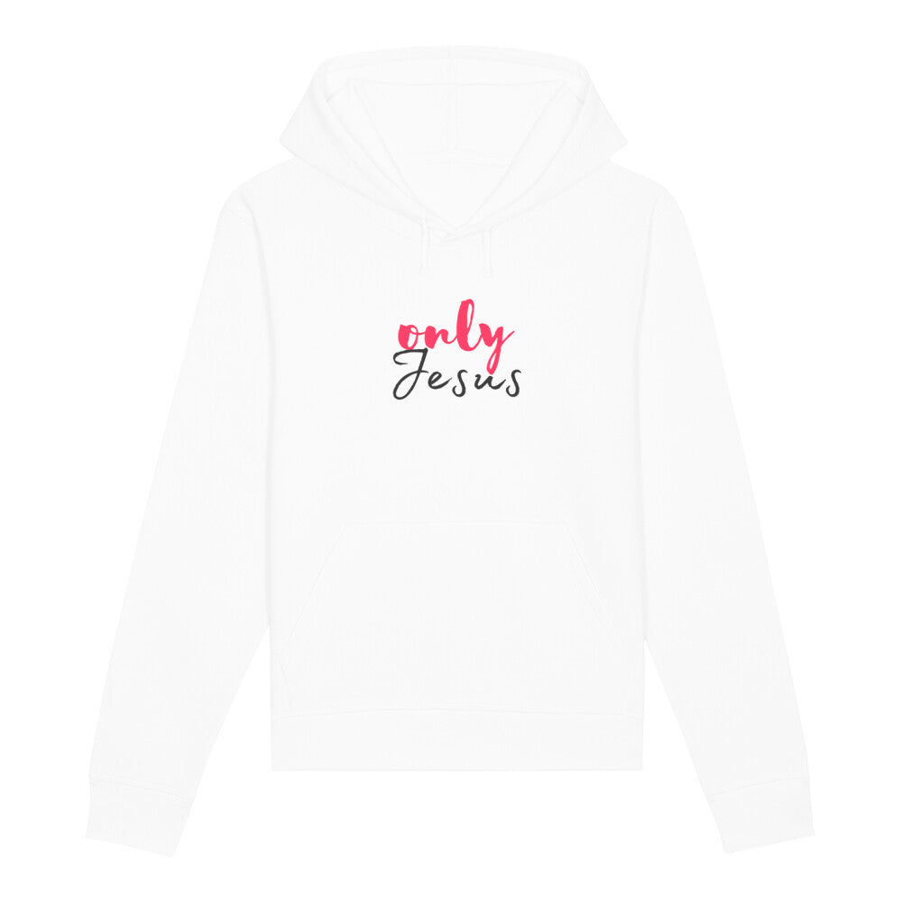 christlicher Hoodie mit einem Unisex-Schnitt in weiß aus Bio-Baumwolle mit dem Schriftzug only Jesus mitten auf der Brust. Erhältlich in den Größen XS bis XXL