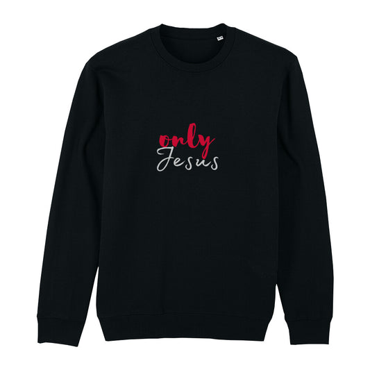 christliches Sweatshirt mit einem Unisex-Schnitt in schwarz aus Bio-Baumwolle mit dem Schriftzug only Jesus mitten auf der Brust. Erhältlich in den Größen XS bis XXL