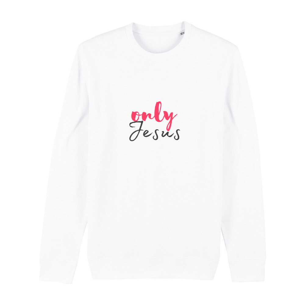 christliches Sweatshirt mit einem Unisex-Schnitt in weiß aus Bio-Baumwolle mit dem Schriftzug only Jesus mitten auf der Brust. Erhältlich in den Größen XS bis XXL