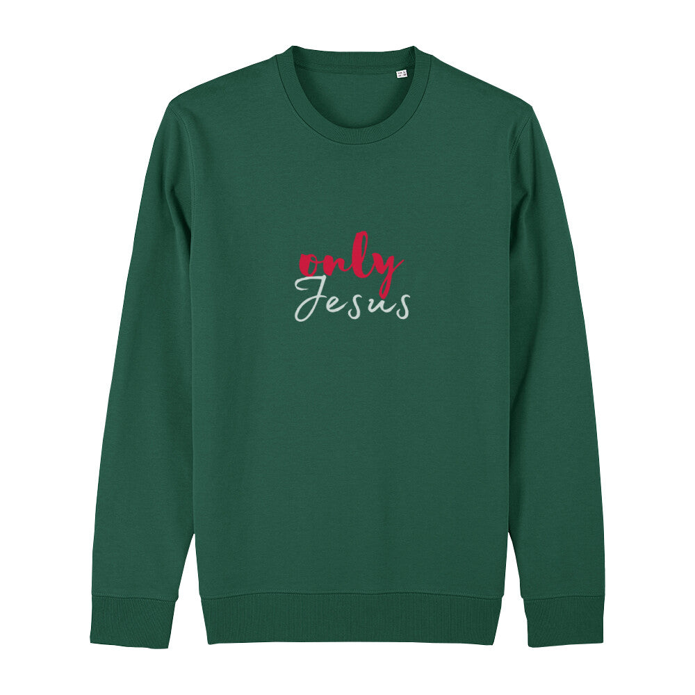 christliches Sweatshirt mit einem Unisex-Schnitt in dunkelgrün aus Bio-Baumwolle mit dem Schriftzug only Jesus mitten auf der Brust. Erhältlich in den Größen XS bis XXL