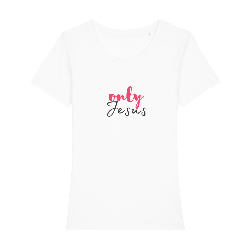 christliches T-Shirt mit einem Frauen-Schnitt in weiß aus 100 % Bio-Baumwolle mittig auf der Brust "only Jesus". Erhältlich in den Größen XS bis XXL