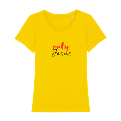 christliches T-Shirt mit einem Frauen-Schnitt in gelb aus 100 % Bio-Baumwolle mittig auf der Brust "only Jesus". Erhältlich in den Größen XS bis XXL