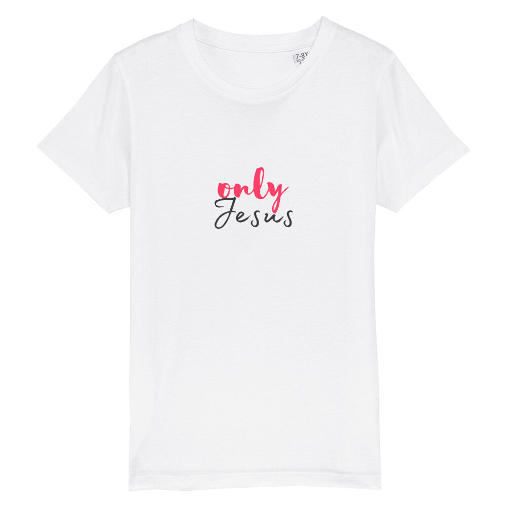 christliches T-Shirt für Kinder mit einem Unisex-Schnitt in weiß aus 100 % Bio-Baumwolle mittig auf der Brust "only Jesus". Erhältlich in den Größen 98/104 bis 152/164