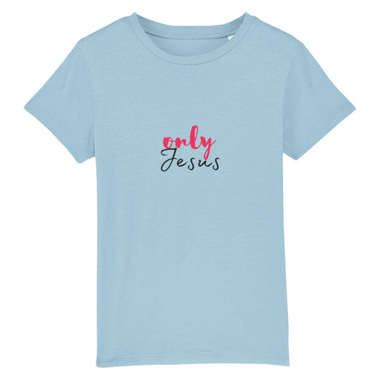 christliches T-Shirt für Kinder mit einem Unisex-Schnitt in hellblau aus 100 % Bio-Baumwolle mittig auf der Brust "only Jesus". Erhältlich in den Größen 98/104 bis 152/164