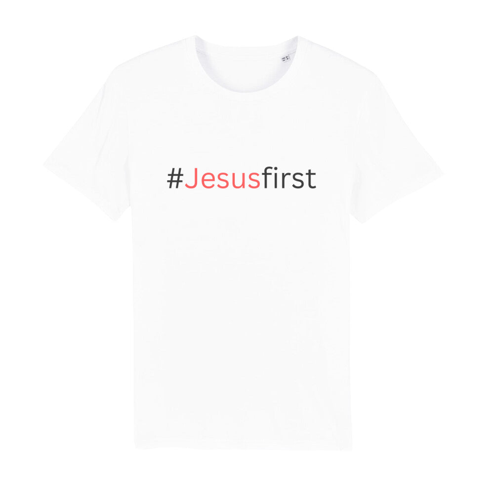 christliches T-Shirt mit einem Unisex-Schnitt in weiß aus 100 % Bio-Baumwolle "#Jesusfirst" mit dem Schriftzug #Jesus first mittig auf der Brust. Erhältlich in den Größen S bis XXL