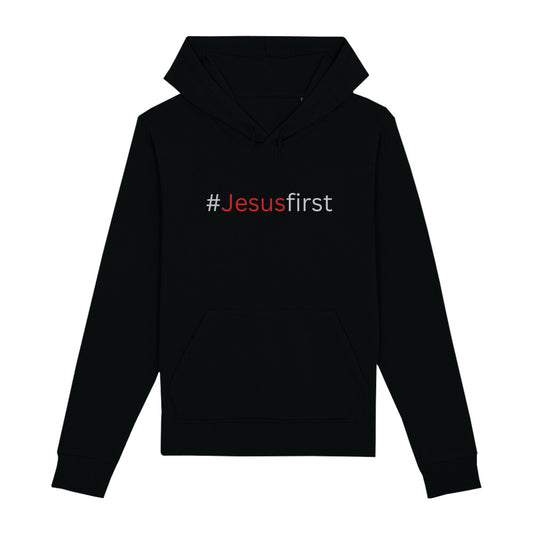 christlicher Hoodie mit einem Unisex-Schnitt in schwarz aus Bio-Baumwolle mit dem Schriftzug # Jesus first mitten auf der Brust. Erhältlich in den Größen XS bis XXL