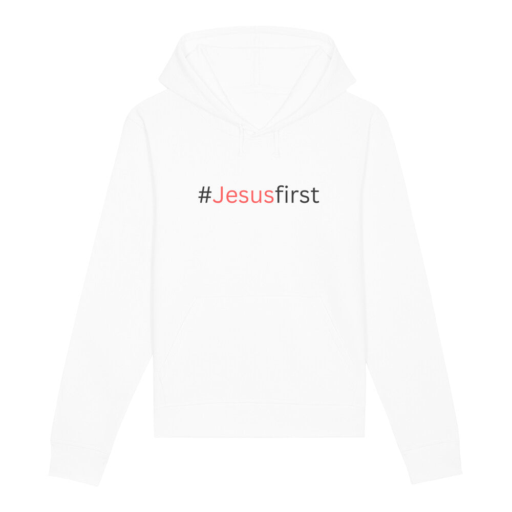 christlicher Hoodie mit einem Unisex-Schnitt in weiß aus Bio-Baumwolle mit dem Schriftzug # Jesus first mitten auf der Brust. Erhältlich in den Größen XS bis XXL