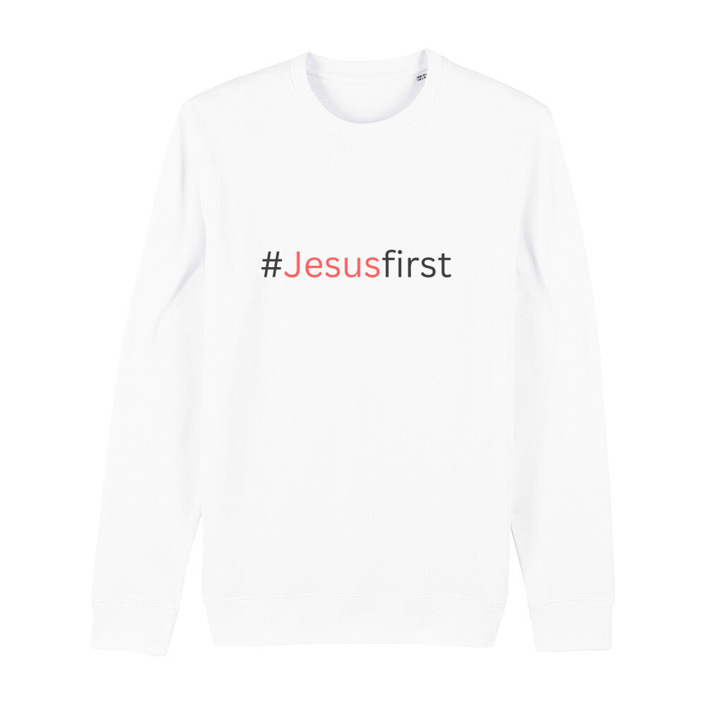 christliches Sweatshirt mit einem Unisex-Schnitt in weiß aus Bio-Baumwolle mit dem Schriftzug # Jesus first mitten auf der Brust. Erhältlich in den Größen XS bis XXL