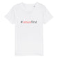 christliches T-Shirt für Kinder mit einem Unisex-Schnitt in weiß aus 100 % Bio-Baumwolle mittig auf der Brust "#Jesus first". Erhältlich in den Größen 98/104 bis 152/164