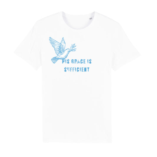 christliches T-Shirt mit einem Unisex-Schnitt in weiß aus 100 % Bio-Baumwolle "His grace is " mit dem Schriftzug " His grace is sufficient " und einer Taube mittig auf der Brust. Erhältlich in den Größen S bis XXL und in weiteren Farben