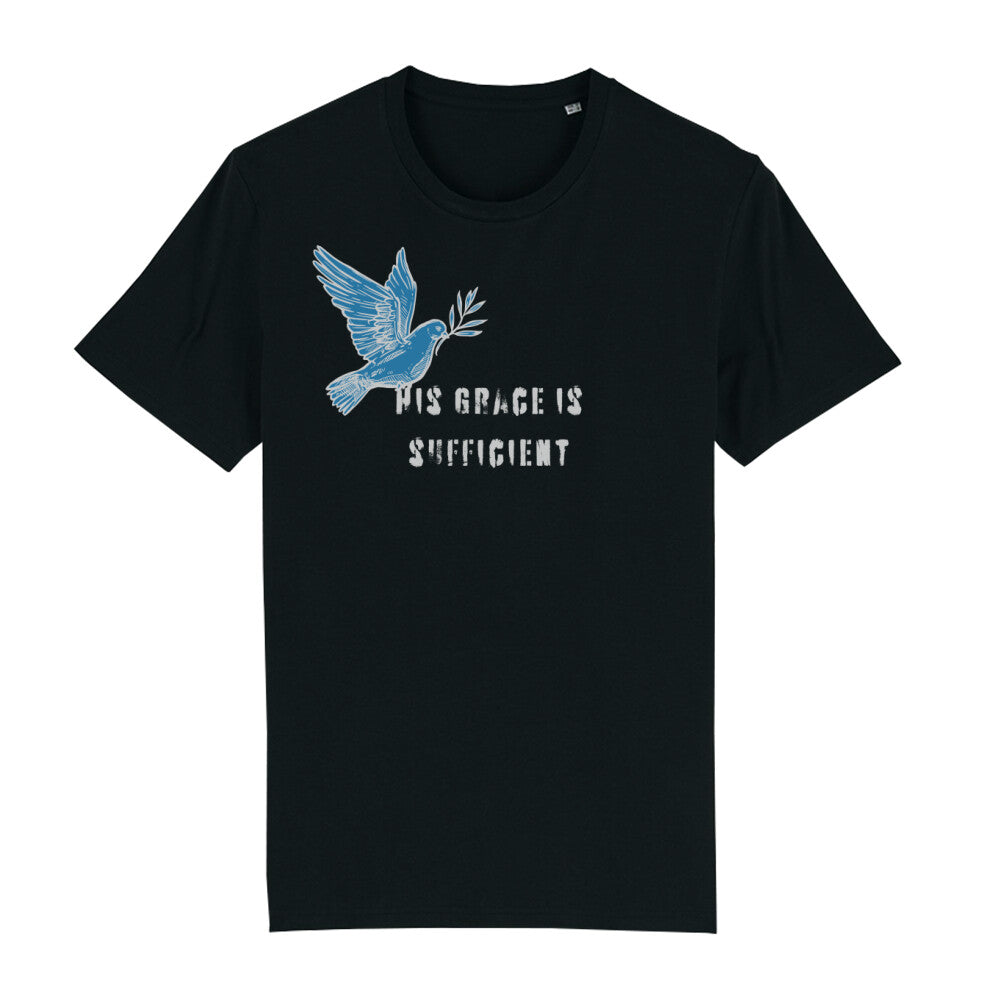 christliches T-Shirt mit einem Unisex-Schnitt in schwarz aus 100 % Bio-Baumwolle "His grace is " mit dem Schriftzug " His grace is sufficient " und einer Taube mittig auf der Brust. Erhältlich in den Größen S bis XXL und in weiteren Farben