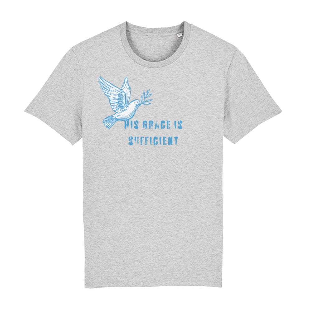 christliches T-Shirt mit einem Unisex-Schnitt in grau aus 100 % Bio-Baumwolle "His grace is " mit dem Schriftzug " His grace is sufficient " und einer Taube mittig auf der Brust. Erhältlich in den Größen S bis XXL und in weiteren Farben