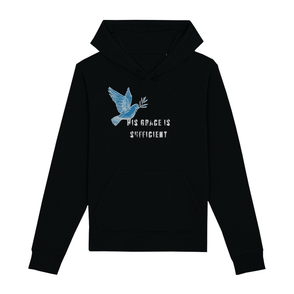 christlicher Hoodie mit einem Unisex-Schnitt in schwarz aus Bio-Baumwolle "His grace is " mit dem Schriftzug " His grace is sufficient " und einer Taube mittig auf der Brust. Erhältlich in den Größen XS bis XXL und in weiteren Farben