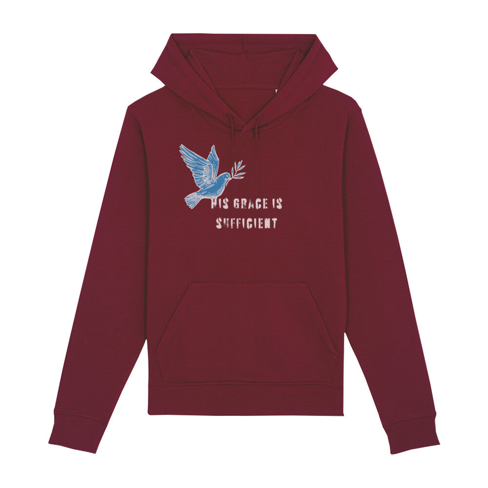 christlicher Hoodie mit einem Unisex-Schnitt in dunkelrot aus Bio-Baumwolle "His grace is " mit dem Schriftzug " His grace is sufficient " und einer Taube mittig auf der Brust. Erhältlich in den Größen XS bis XXL und in weiteren Farben