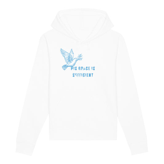 christlicher Hoodie mit einem Unisex-Schnitt in weiß aus Bio-Baumwolle "His grace is " mit dem Schriftzug " His grace is sufficient " und einer Taube mittig auf der Brust. Erhältlich in den Größen XS bis XXL und in weiteren Farben