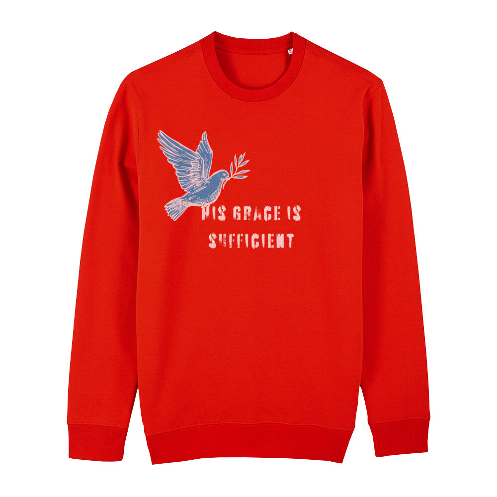 christliches Sweatshirt mit einem Unisex-Schnitt in feuerrot aus Bio-Baumwolle "His grace is " mit dem Schriftzug " His grace is sufficient " und einer Taube mittig auf der Brust. Erhältlich in den Größen XS bis XXL und in weiteren Farben