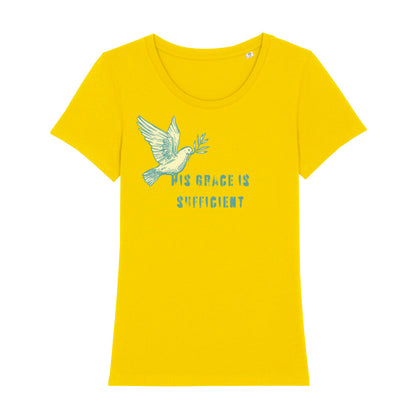 christliches T-Shirt mit einem Frauen-Schnitt in gelb aus 100 % Bio-Baumwolle mit dem Schriftzug " His grace is sufficient " und einer Taube mittig auf der Brust. Erhältlich in den Größen XS bis XXL