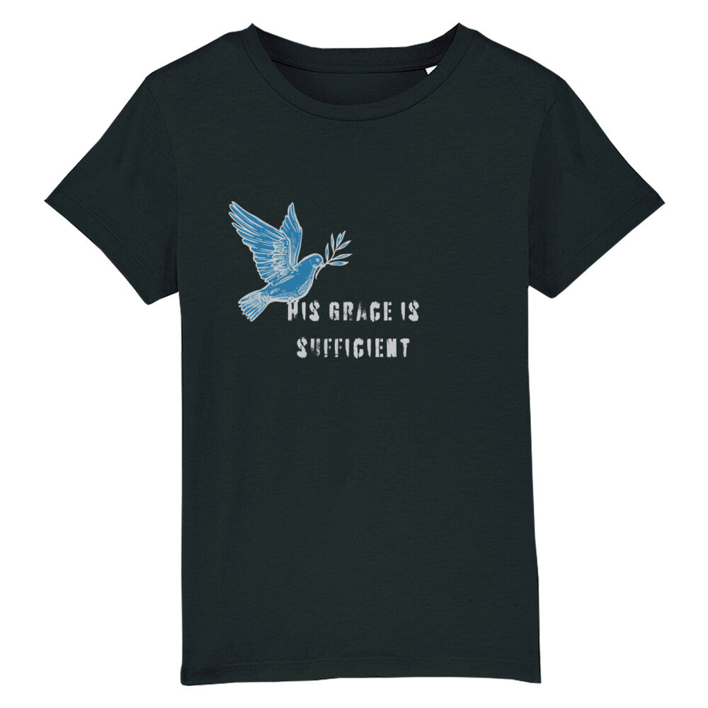 christliches T-Shirt für Kinder mit einem Unisex-Schnitt in schwarz aus 100 % Bio-Baumwolle "His grace is " mit dem Schriftzug " His grace is sufficient " und einer Taube mittig auf der Brust. Erhältlich in den Größen 98/104 bis 152/164