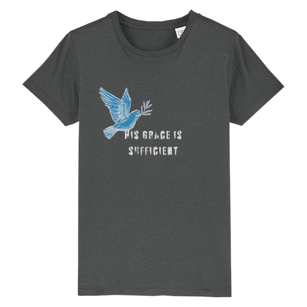 christliches T-Shirt für Kinder mit einem Unisex-Schnitt in anthrazit aus 100 % Bio-Baumwolle "His grace is " mit dem Schriftzug " His grace is sufficient " und einer Taube mittig auf der Brust. Erhältlich in den Größen 98/104 bis 152/164