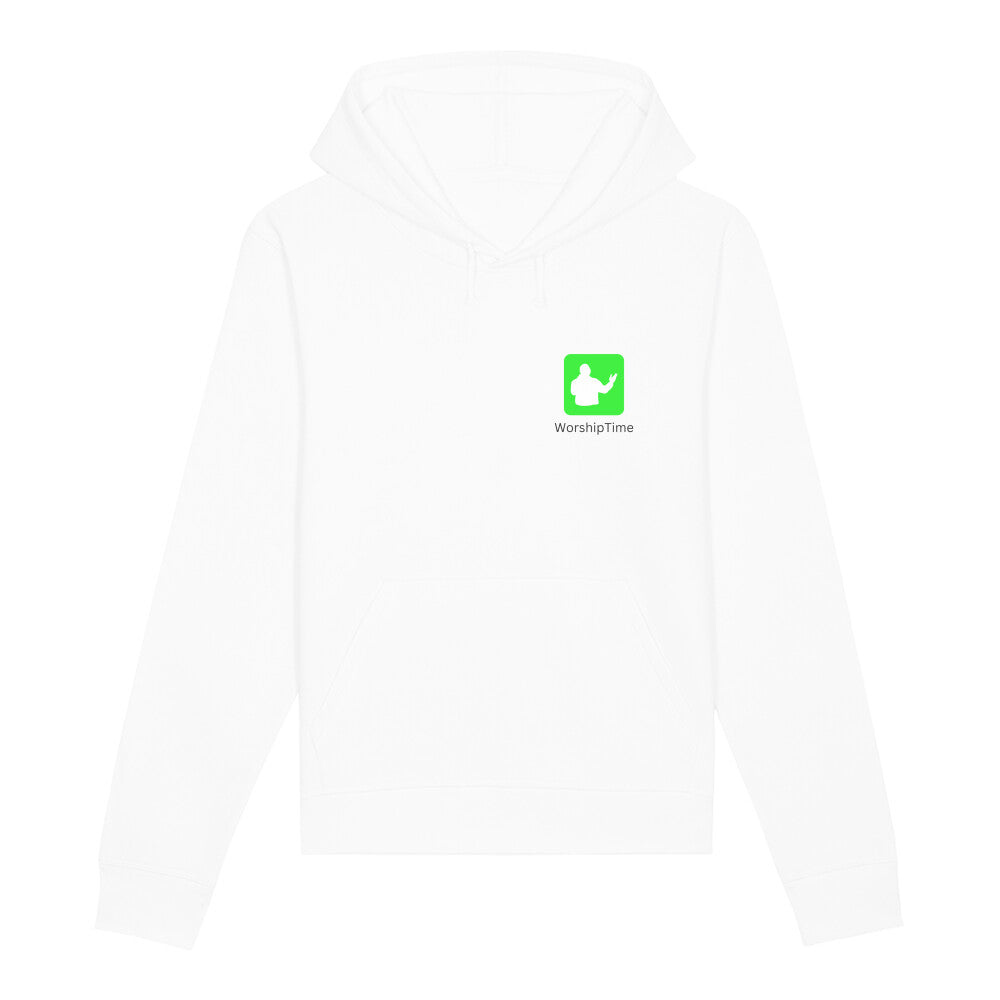 christlicher Hoodie mit einem Unisex-Schnitt in weiß aus Bio-Baumwolle "WorshipTime" mit dem Schriftzug " WorshipTime " und einen Button angelehnt an den FaceTime Button rechts auf der Brust. Erhältlich in den Größen XS bis XXL und in weiteren Farben