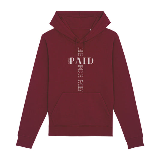 christlicher Hoodie mit einem Unisex-Schnitt in dunkelrot aus Bio-Baumwolle "he has paid for me" aus unserer he... Kollektion. Erhältlich in den Größen XS bis XXL