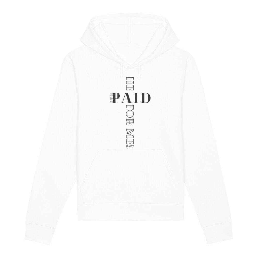 christlicher Hoodie mit einem Unisex-Schnitt in weiß aus Bio-Baumwolle "he has paid for me" aus unserer he... Kollektion. Erhältlich in den Größen XS bis XXL