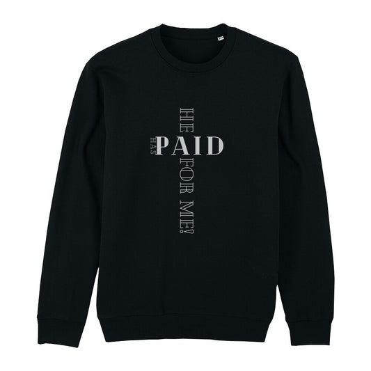 christliches Sweatshirt mit einem Unisex-Schnitt in schwarz aus Bio-Baumwolle "he has paid for me" aus unserer he... Kollektion. Erhältlich in den Größen XS bis XXL