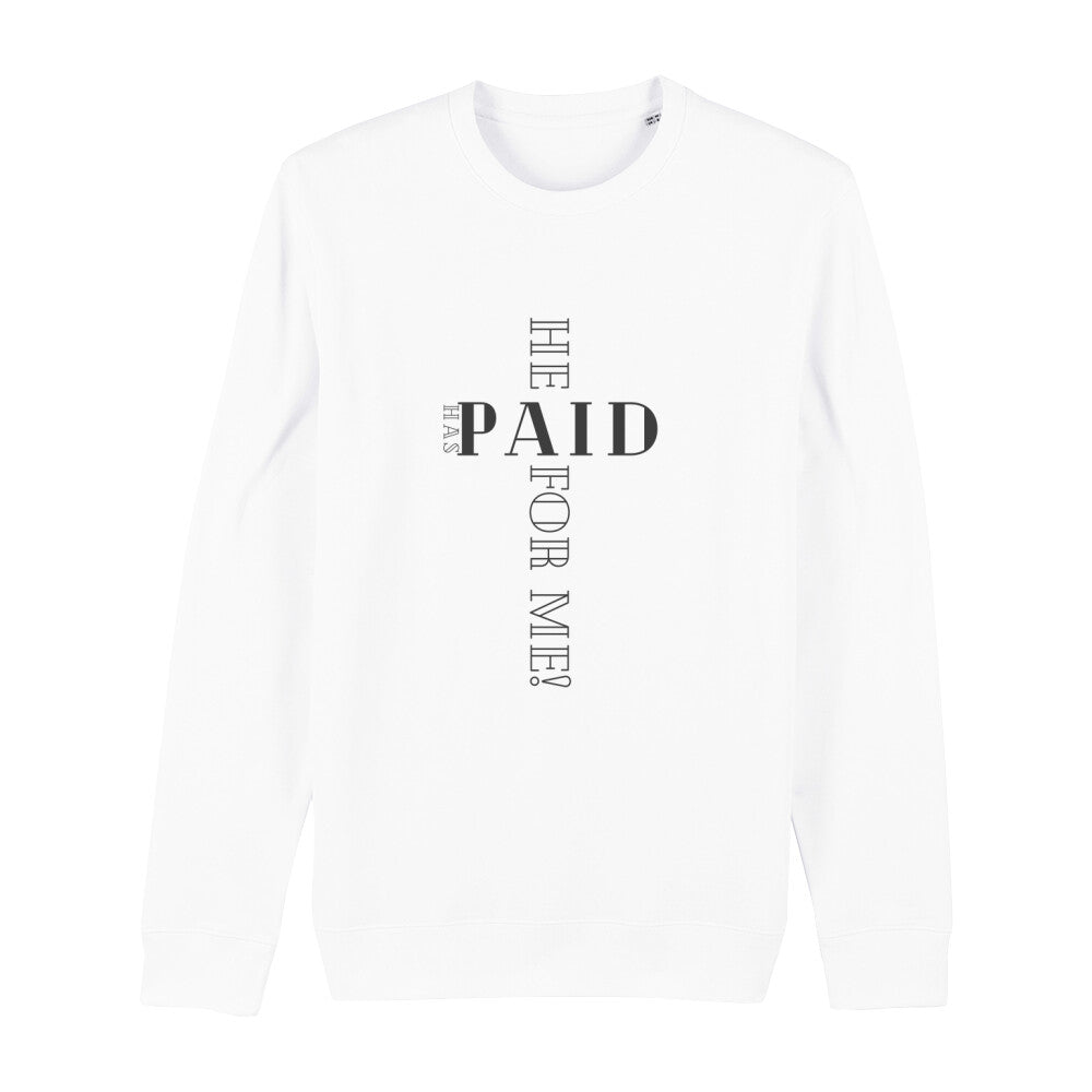 christliches Sweatshirt mit einem Unisex-Schnitt in weiß aus Bio-Baumwolle "he has paid for me" aus unserer he... Kollektion. Erhältlich in den Größen XS bis XXL