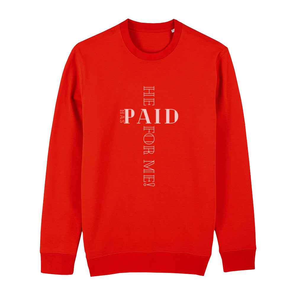 christliches Sweatshirt mit einem Unisex-Schnitt in feuerrot aus Bio-Baumwolle "he has paid for me" aus unserer he... Kollektion. Erhältlich in den Größen XS bis XXL