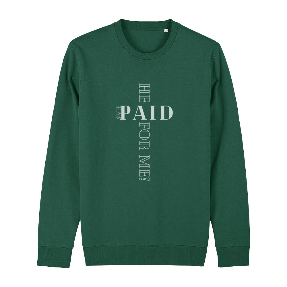 christliches Sweatshirt mit einem Unisex-Schnitt in dunkelgrün aus Bio-Baumwolle "he has paid for me" aus unserer he... Kollektion. Erhältlich in den Größen XS bis XXL