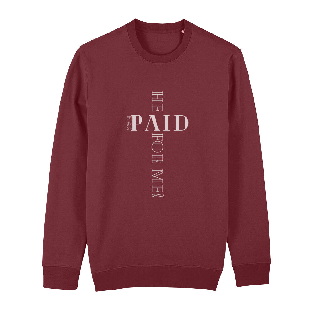 christliches Sweatshirt mit einem Unisex-Schnitt in dunkelrot aus Bio-Baumwolle "he has paid for me" aus unserer he... Kollektion. Erhältlich in den Größen XS bis XXL