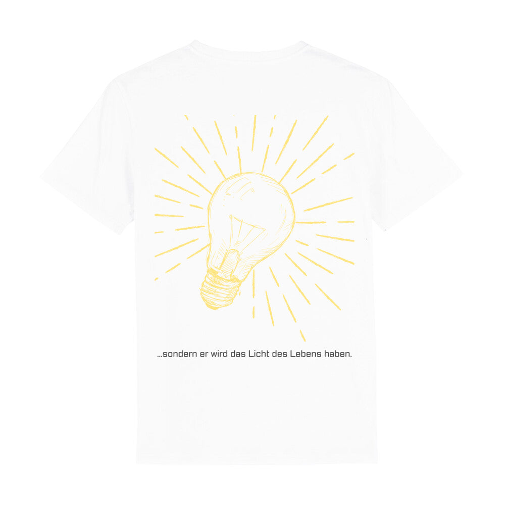 christliches T-Shirt mit einem Unisex-Schnitt in weiß aus 100 % Bio-Baumwolle auf der Rückseite ist eine gelbe leuchtende Glühlampe und der Text " ...sondern er wird das Licht des Lebens haben."  Erhältlich in den Größen S bis XXL