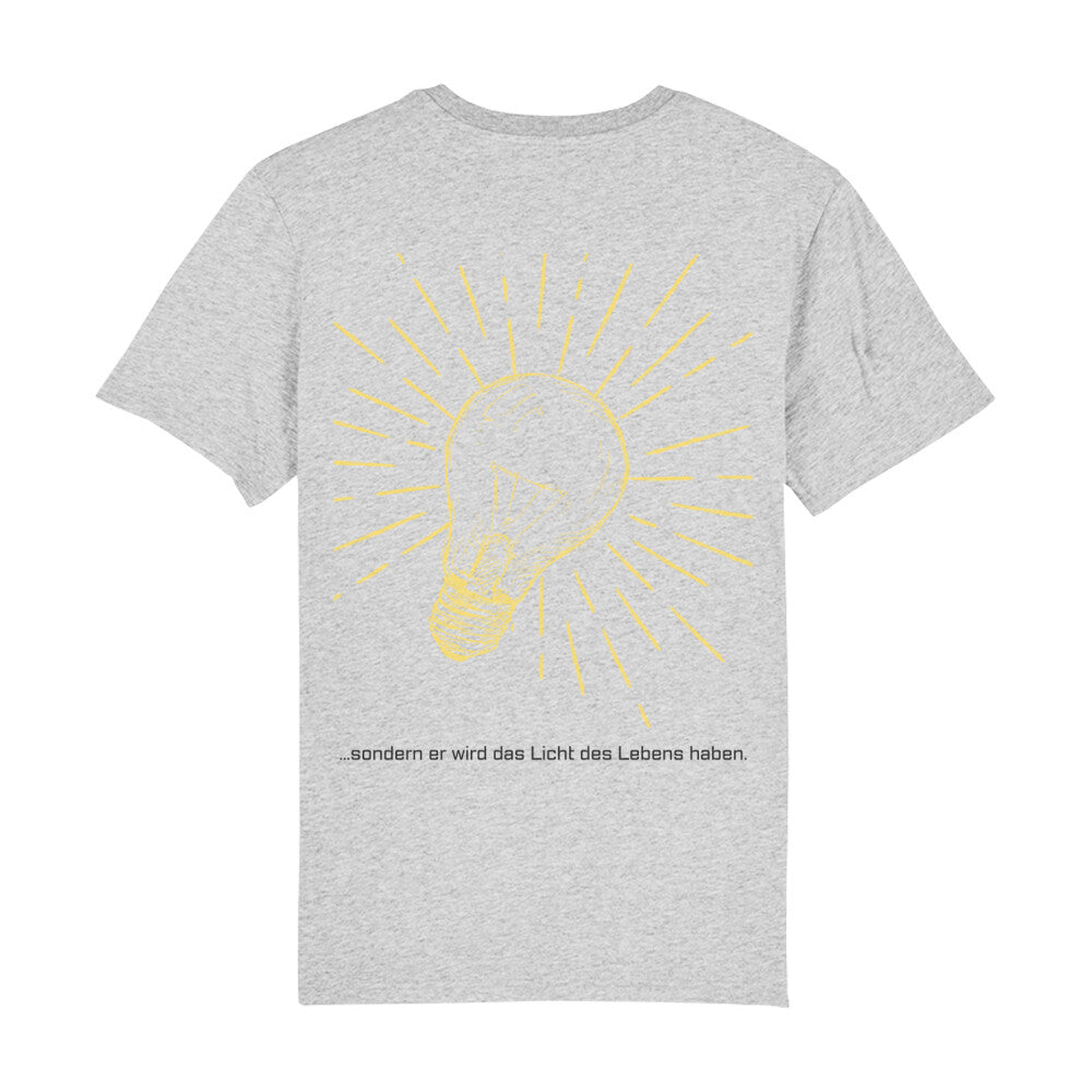 christliches T-Shirt mit einem Unisex-Schnitt in grau aus 100 % Bio-Baumwolle auf der Rückseite ist eine gelbe leuchtende Glühlampe und der Text " ...sondern er wird das Licht des Lebens haben."  Erhältlich in den Größen S bis XXL