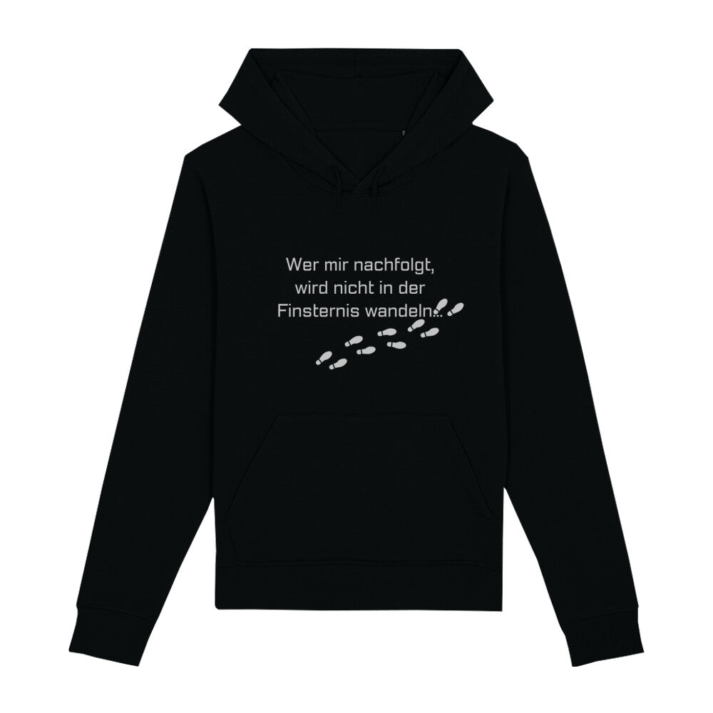 christlicher Hoodie mit einem Unisex-Schnitt in schwarz aus Bio-Baumwolle auf der Vorderseite sind Fußspuren und der Text "Wer mit nachfolgt, wird nicht in der Finsternis wandeln..." . Erhältlich in den Größen XS bis XXL