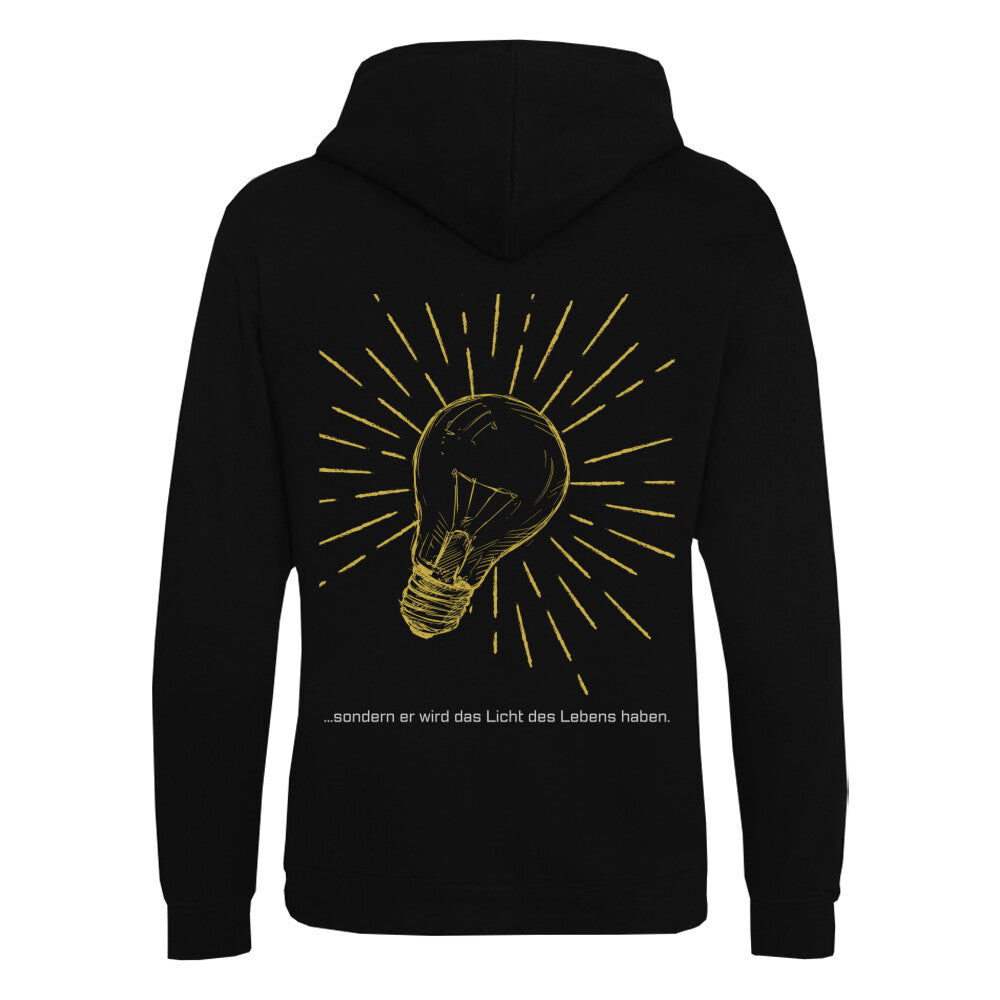 christlicher Hoodie mit einem Unisex-Schnitt in schwarz aus Bio-Baumwolle auf der Rückseite ist eine gelbe leuchtende Glühlampe und der Text " ...sondern er wird das Licht des Lebens haben." . Erhältlich in den Größen XS bis XXL