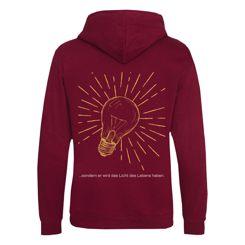 christlicher Hoodie mit einem Unisex-Schnitt in dunkelrot aus Bio-Baumwolle auf der Rückseite ist eine gelbe leuchtende Glühlampe und der Text " ...sondern er wird das Licht des Lebens haben." . Erhältlich in den Größen XS bis XXL