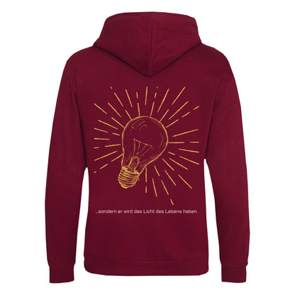 christlicher Hoodie mit einem Unisex-Schnitt in dunkelrot aus Bio-Baumwolle auf der Rückseite ist eine gelbe leuchtende Glühlampe und der Text " ...sondern er wird das Licht des Lebens haben." . Erhältlich in den Größen XS bis XXL