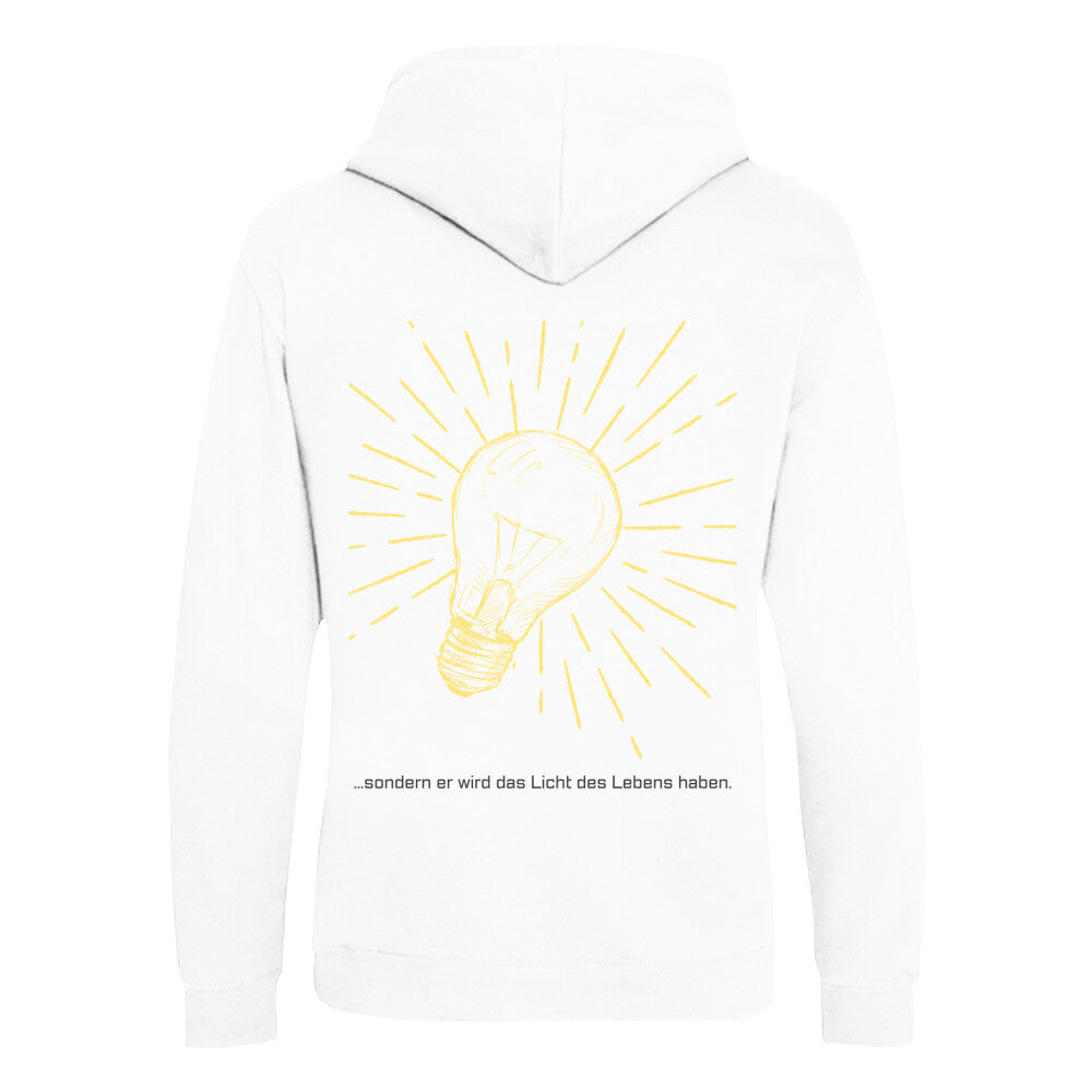 christlicher Hoodie mit einem Unisex-Schnitt in weiß aus Bio-Baumwolle auf der Rückseite ist eine gelbe leuchtende Glühlampe und der Text " ...sondern er wird das Licht des Lebens haben." . Erhältlich in den Größen XS bis XXL