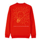 christliches Sweatshirt mit einem Unisex-Schnitt in feuerrot aus Bio-Baumwolle auf der Rückseite ist eine gelbe leuchtende Glühlampe und der Text " ...sondern er wird das Licht des Lebens haben." . Erhältlich in den Größen XS bis XXL