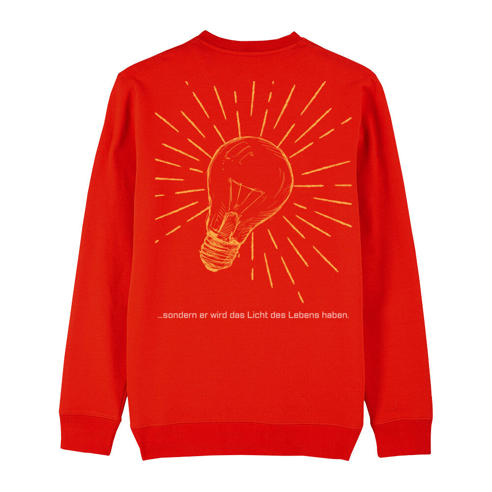 christliches Sweatshirt mit einem Unisex-Schnitt in feuerrot aus Bio-Baumwolle auf der Rückseite ist eine gelbe leuchtende Glühlampe und der Text " ...sondern er wird das Licht des Lebens haben." . Erhältlich in den Größen XS bis XXL