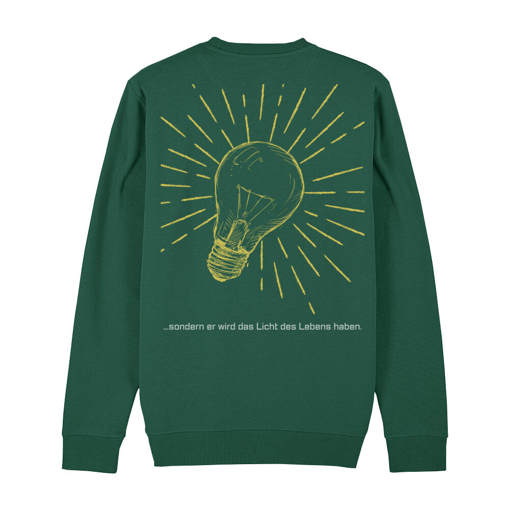 christliches Sweatshirt mit einem Unisex-Schnitt in dunkelgrün aus Bio-Baumwolle auf der Rückseite ist eine gelbe leuchtende Glühlampe und der Text " ...sondern er wird das Licht des Lebens haben." . Erhältlich in den Größen XS bis XXL