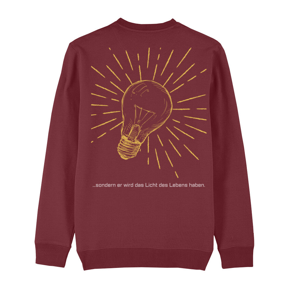 christliches Sweatshirt mit einem Unisex-Schnitt in dunkelrot aus Bio-Baumwolle auf der Rückseite ist eine gelbe leuchtende Glühlampe und der Text " ...sondern er wird das Licht des Lebens haben." . Erhältlich in den Größen XS bis XXL