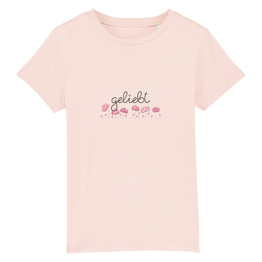 christliches T-Shirt für Kinder mit einem Unisex-Schnitt in pink aus 100 % Bio-Baumwolle mittig auf der Brust "geliebt" und darunter Blümchen. Erhältlich in den Größen 98/104 bis 152/164