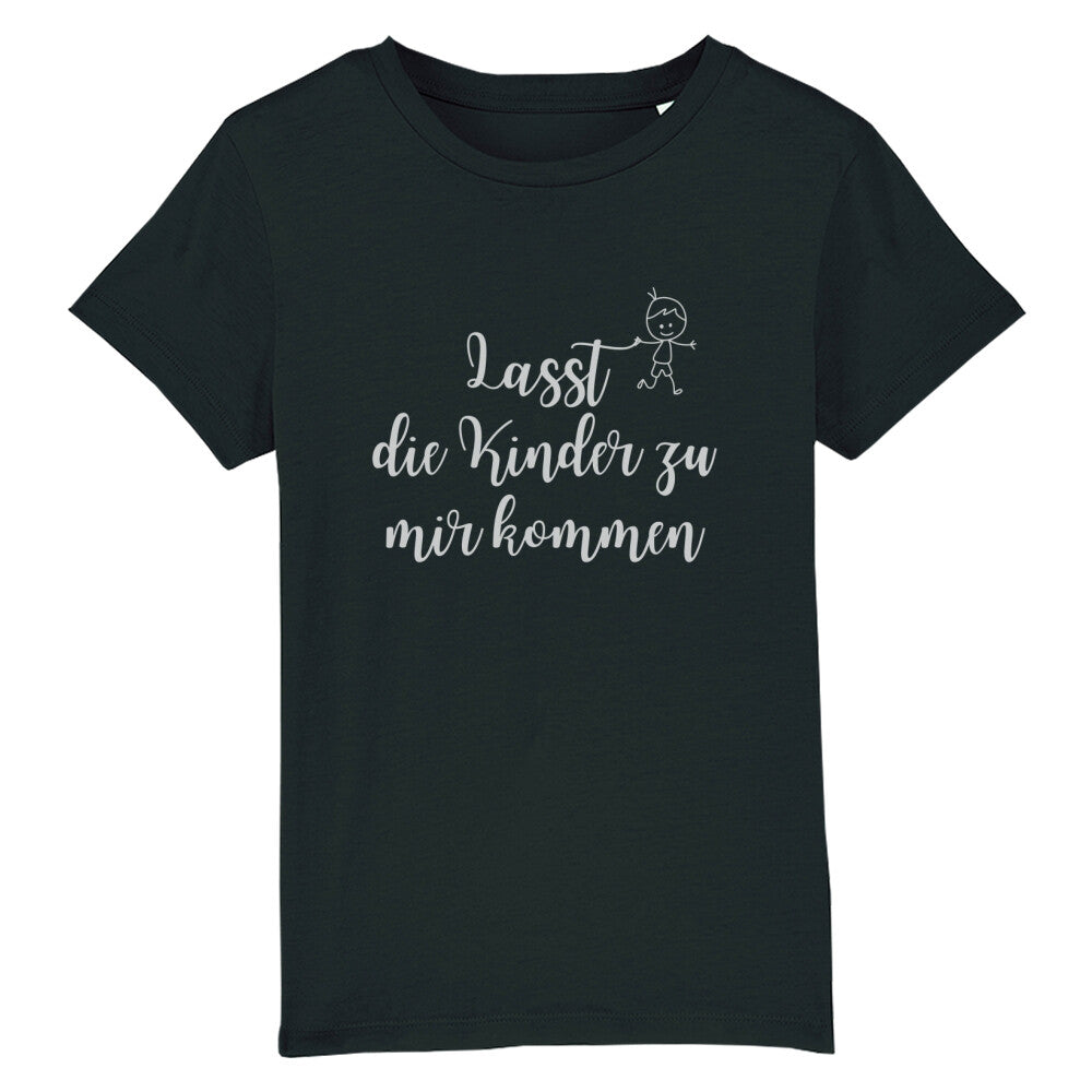 christliches T-Shirt für Kinder mit einem Unisex-Schnitt in schwarz aus 100 % Bio-Baumwolle mittig auf der Brust "Lasst die Kinder zu mir kommen" mit einem Kind. Erhältlich in den Größen 98/104 bis 152/164