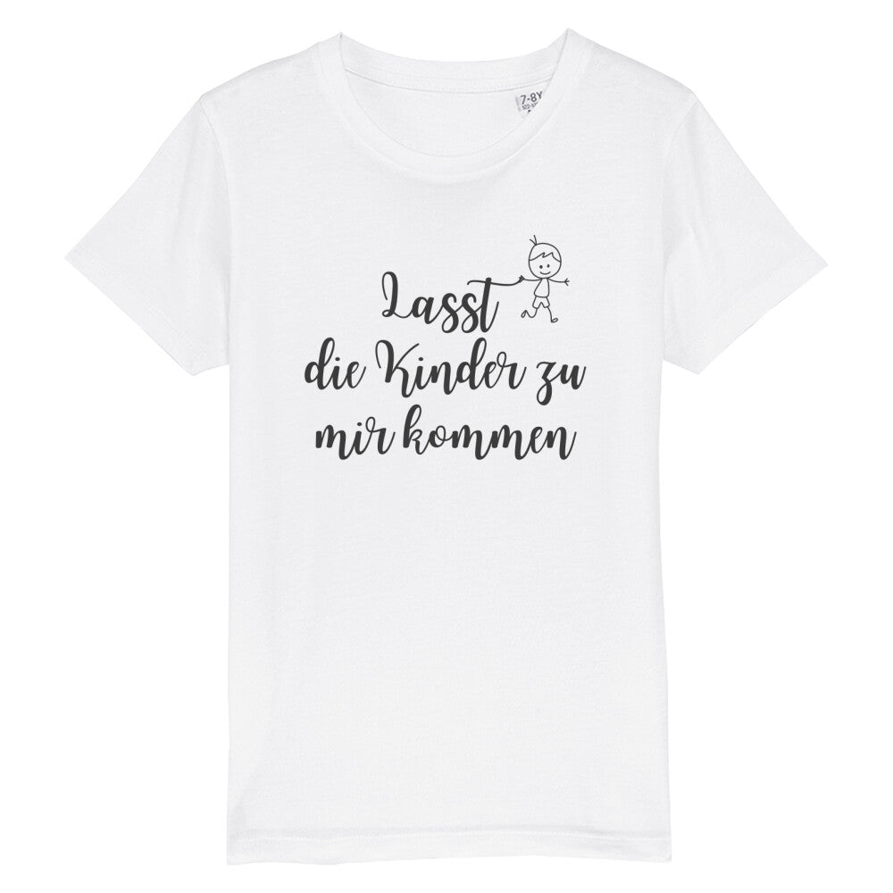 christliches T-Shirt für Kinder mit einem Unisex-Schnitt in weiß aus 100 % Bio-Baumwolle mittig auf der Brust "Lasst die Kinder zu mir kommen" mit einem Kind. Erhältlich in den Größen 98/104 bis 152/164